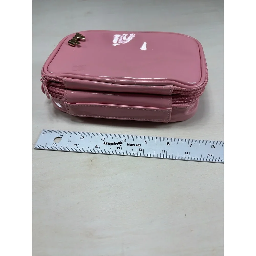 Pink Patent Double Layer Makeup Bag Travel Cosmetic Case with Gold Bow Accent